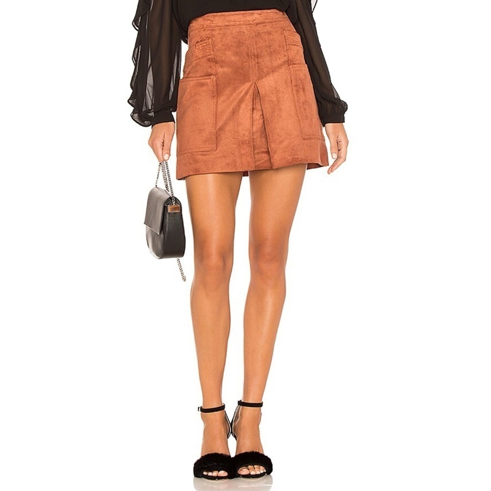 BCBGMAXAZRIA CORINNE COGNAC FAUX SUEDE MOTO MINI SKIRT